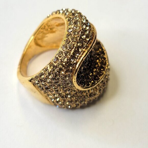 Two Tone Gold and Amber Color Wide Ring Concave Design with Rhinestones Size 6.5 - Picture 9 of 14